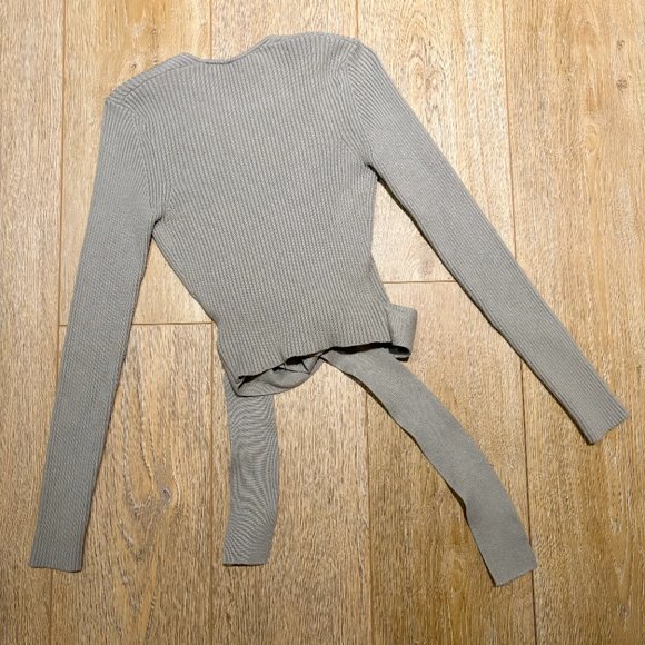 Zara Ribbed Taupe Tan Crop Wrap Tie Knit Sweater Long Sleeve Small - Picture 6 of 6